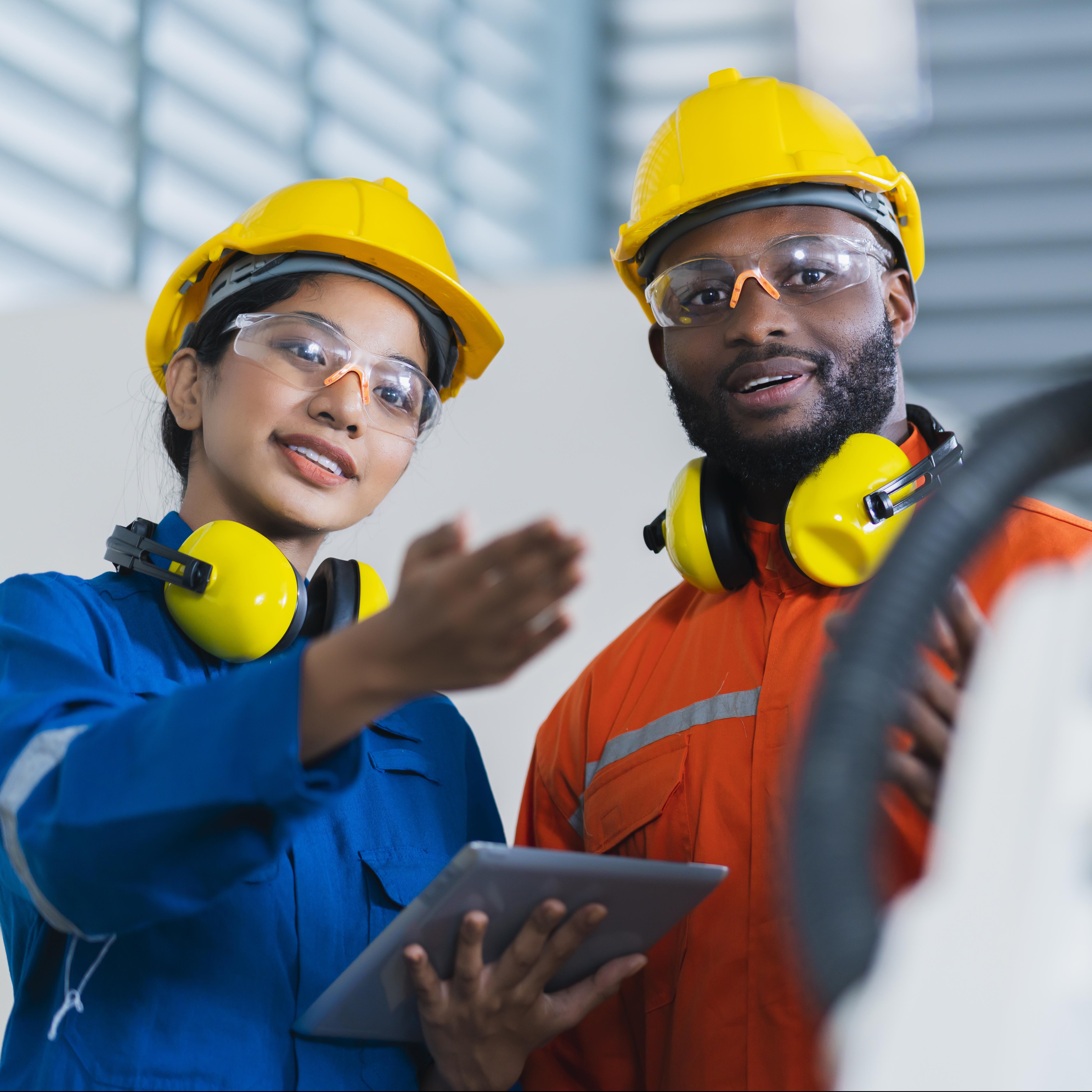 engineer cooperation male and female technician maintenance control relay robot arm system welding with tablet laptop to control quality operate process work heavy industry 4.0 manufacturing factory